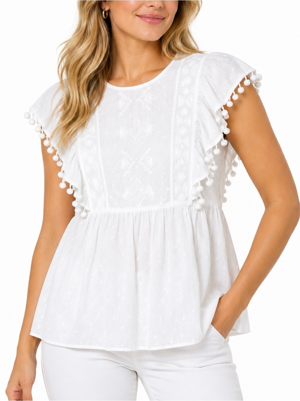 Lilly Pulitzer White Embroidered Pom Pom Ruffle Peplum Top Women’s M Cotton